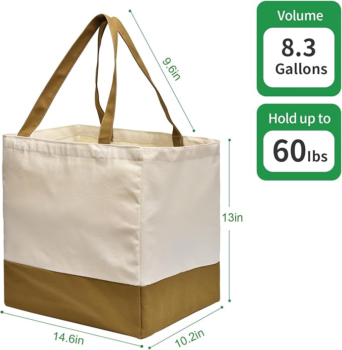 CNaiyunpin 3 Pack Canvas Reusable Grocery Bags Heavy Duty, 8.3 gal Foldable Large Tote Bag with Handles, Holds 60 lbs Canvas Shopping Bags & Washable Eco-friendly Bags with 5 Pockets, camel+Off white