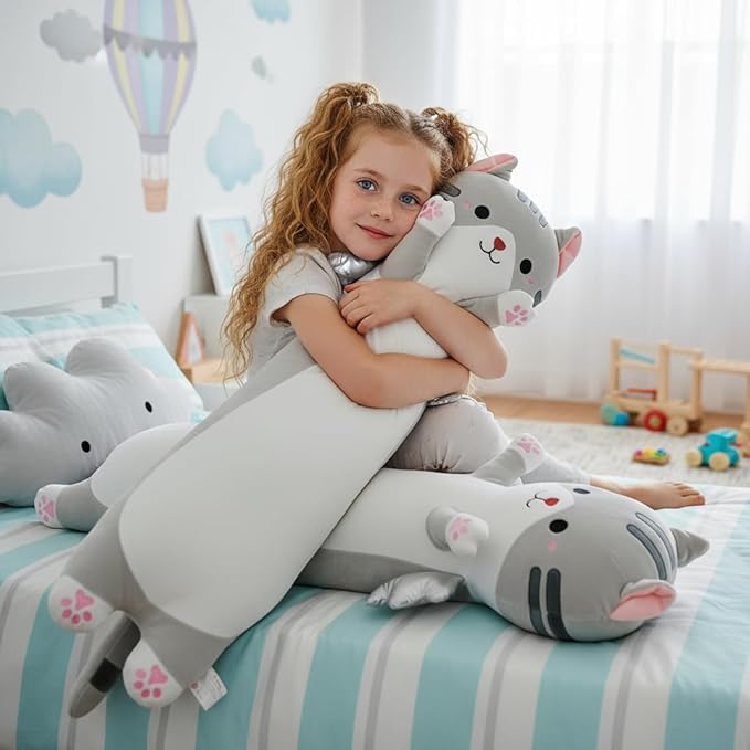 Long Cat Plush Pillow, Cute Cat Stuffed Animal Body Pillow with Wings, Soft Kawaii Kitty Hugging Pillow, Christmas Valentine's Birthday Gift for Kids Girls Boys (Gray, 90cm/35.43in)