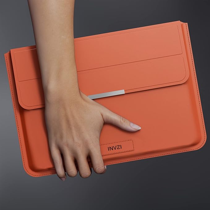INVZI MacBook Sleeve, Vegan Leather Bag Compatible with 15”/16" MacBook Pro M3/M2/M1/Max 2024-2019, Compact Design with Invisible Stand (Saddle Brown)