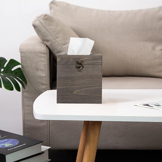 Distressed Farmhouse Square Solid Wood Tissue Box Cover with Slide-Out Bottom Panel Honey Brown Tissue Box Holder for Bathroom Living Room Dining Room Bedroom Toilet (Grey)