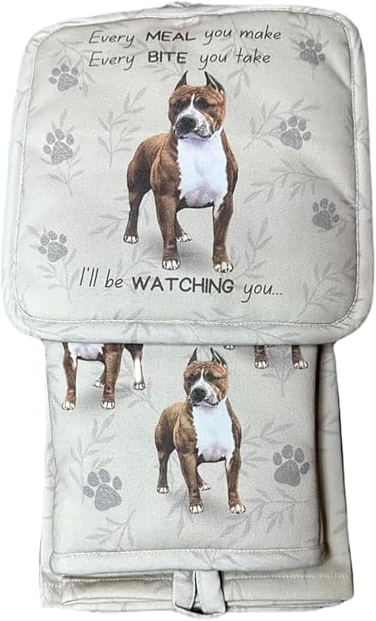 Pit Bull 3-Piece Kitchen Set - Oven Mitt, Pot Holder & Kitchen Towel Set, Heat Resistant up to 420 F, Soft Quilted Cotton for Cooking, Baking, BBQ, Pet Lover Gifts (Pit Bull)