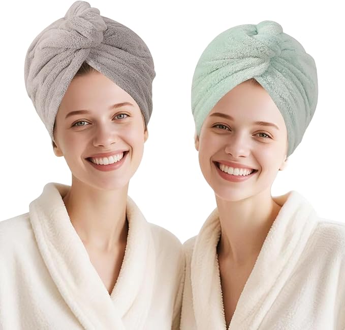 AGKXHDEC 2 Packs Single Layer Microfiber Hair Turbans - Drying Wrap for Women (Gray,Light Green)