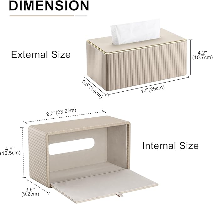 KINGFOM Rectangular Tissue Box Cover, PU Leather Tissue Box Holder with Magnetic Bottom, Napkin & Facial Tissue Holder Dispenser Decorative Box Cover for 120-count (3-Ply) 160-count (2-Ply) Beige