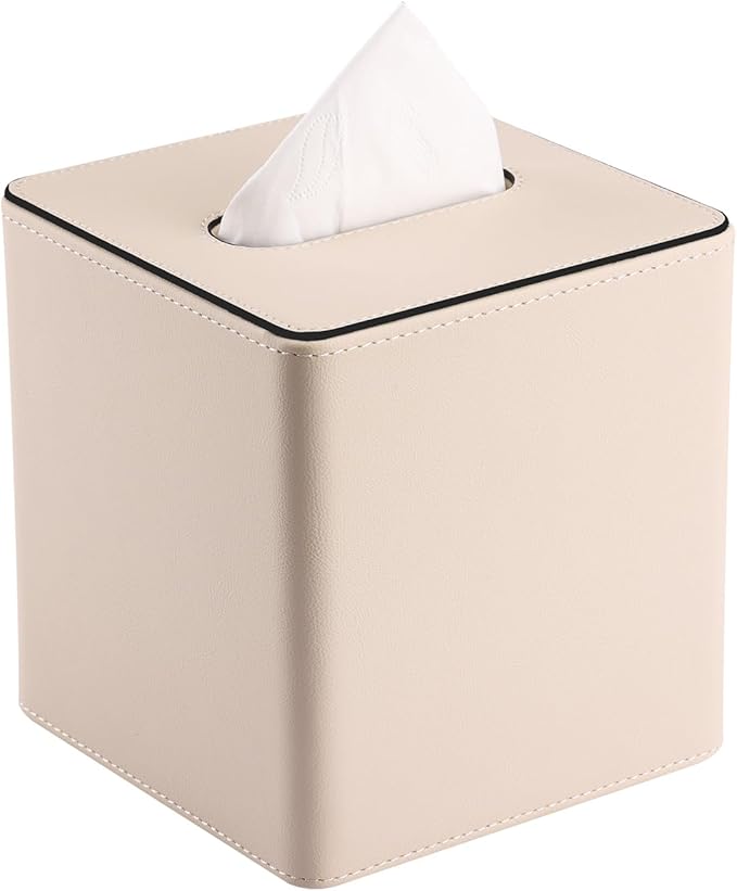 KINGFOM Leather Tissue Box Cover – Square Modern PU Leather Tissue Holder, Cube Tissue Dispenser for Home, Office, Bedroom, Bathroom – Elegant Minimalist Style (Beige-Square)