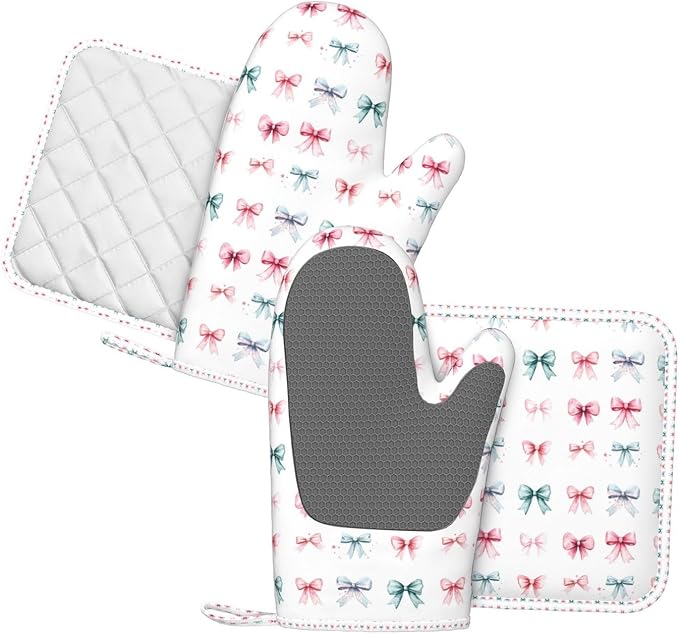 Oven Mitts Pot Holders Set Watercolor Pastel Bow Pattern Silicone Kitchen Gloves Potholders Heat Resistant for Chef Baking Cooking Grilling BBQ 4 Pack Mitt