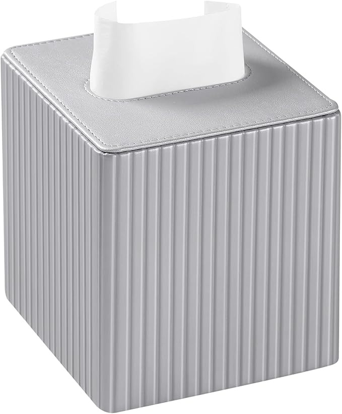 MEIBOOCH PU Leather Tissue Box Cover Square, Rectangle Tissue Box Holder with Magnetic Closure, Decorative Tissue Holder for Bathroom Bedroom Office (Silver, Square)