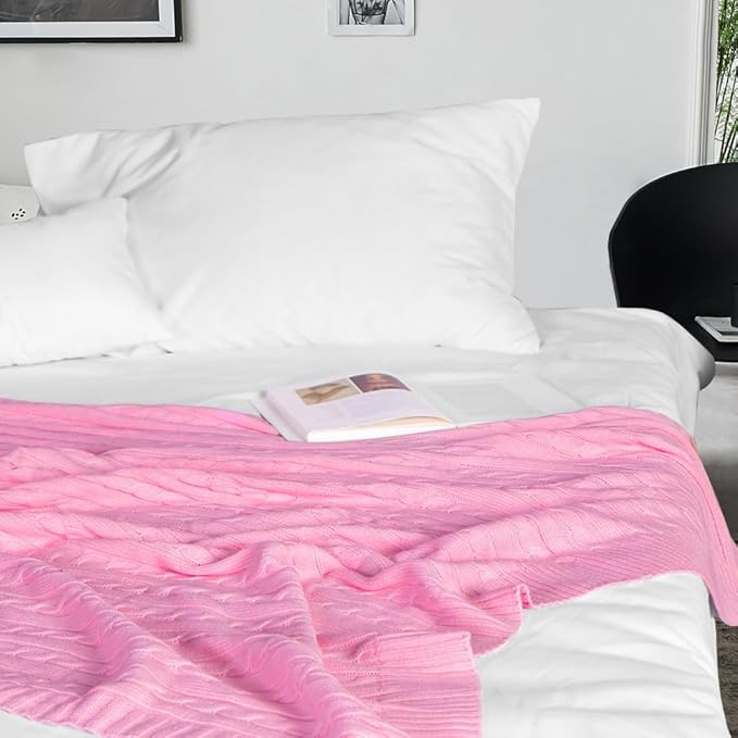 NTBAY 100% Pure Cotton Oversize (60x80) Cable Knit Throw Blanket, Super Soft Warm Knitted Throw Blanket for Bed, Sofa, Chair, Couch - Extra Cozy, Machine Washable, Comfortable Home Decor, Pink