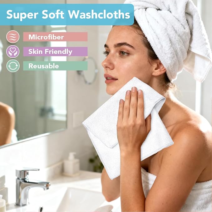 Orighty Washcloths Towels Set 20 Pack, Highly Absorbent and Soft Feel Microfiber Face Cloths, Multi-Purpose Wash Cloths & Hand Towels for Bathroom, Hotel, Spa, and Gym, 11.5x11.5 Inch, White
