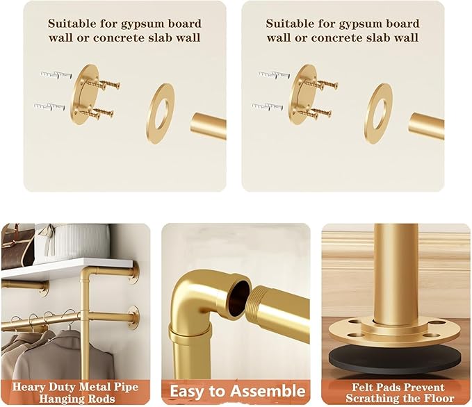 KAILNKISS Industrial Pipe Clothing Rack, Gold Clothing Rack with Shelves, Wall Mounted Clothes Rack Heavy Duty Closet Organizers Wardrobe Multi-Purpose Storage Clothes Hanging Shelf - 70.8''L Gold