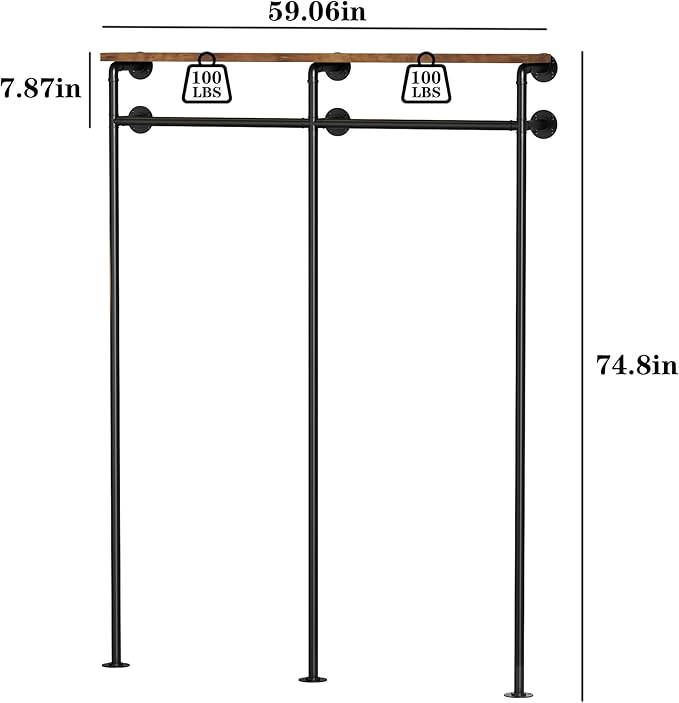 KAILNKISS Industrial Pipe Clothes Rack, Wall Mounted Clothing Rack with Shelves, Heavy Duty Closet Organizers Wardrobe Multi-Purpose Storage Clothes Hanging Shelf-59''L Black