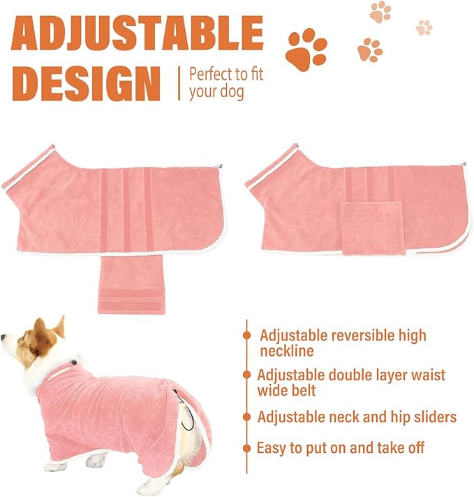 HhiMyOct Dog Robe - Fast Drying Towel - Microfiber Super Absorbent Pet Bathrobe, Adjustable Collar & Belly Strap (Pink, Medium)