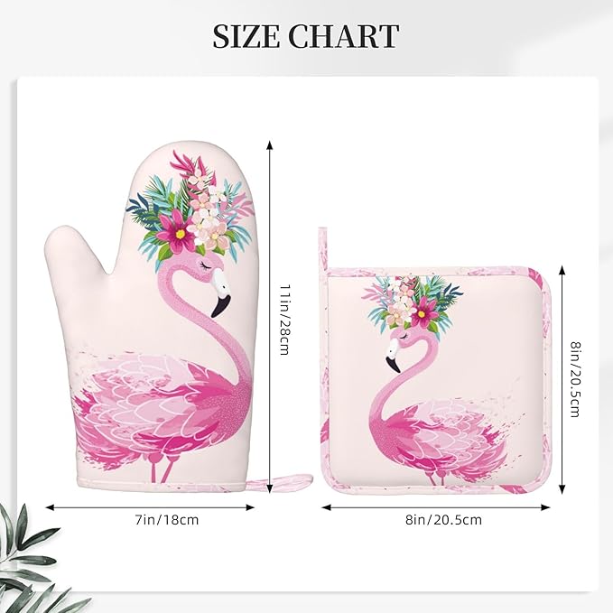 Cute Flamingo Pink Pretty Oven Mitts And Pot Holders Set Of 4 Silicone Heat Resistant Oven Mitten Potholders Non Slip Gloves Kitchen Decor For Bbq Cooking Grilling Baking