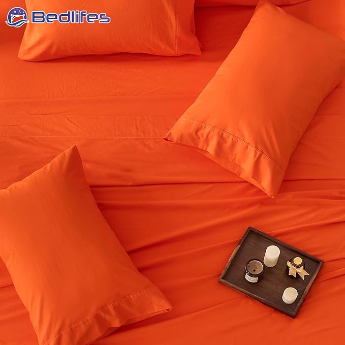 Bedlifes 100% French Pure Linen Sheets California King Size Breathable and Cooling Flax Sheet Set Soft Durable and Moisture Wicking 16 Inch Deep Pocket-4 Piece(Cal King,Orange)