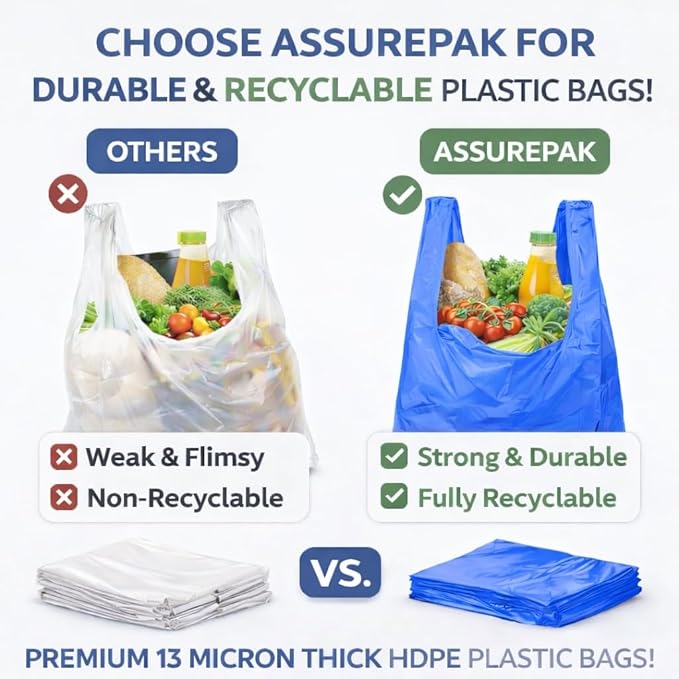 ASSUREPAK Easy Open - 1000 Bags- Colored Unprinted HDPE T-Shirt Bags - 1/6 BBL 11.5"X6"X21" - 13 microns - Blue - LOOP-BLUE-EO