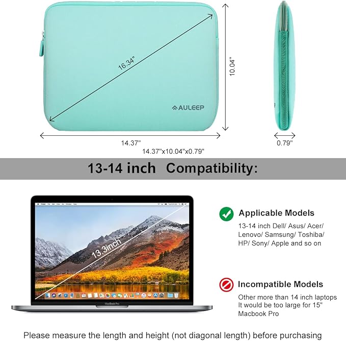 AULEEP 13-14 Inch Laptop Sleeves, Neoprene Notebook Computer Pocket Tablet Carrying Sleeve/Water-Resistant Compatible Laptop Sleeve for Acer/Asus/Dell/Lenovo/HP, Light Green