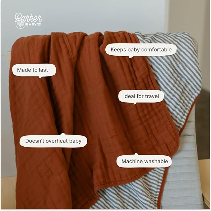 Parker Baby Muslin Blanket | 100% Soft Cotton Toddler Quilt & Baby Muslin Swaddle | Gender Neutral Design 47" x 47" Blanket