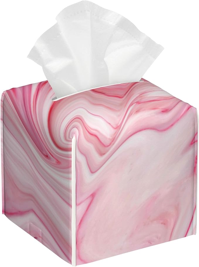 BLYKVGHQ Pink Liquid Marble Tissue Box Cover Square, Tissue Box Holder with Bottom Belt Leather Facial Paper Organizer Dispenser for Bathroom Bedroom Dresser Night Stand Tabletop