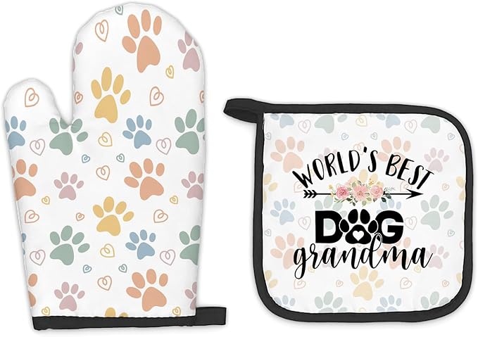 Dog Grandma Gifts Oven Mitts and Pot Holders Sets, Gifts for Dog Grandma, Dog Paw Kitchen Decor Accessories Sets, World’s Best Dog Grandma Heat Resistant Oven Glove Potholders for Kitchen