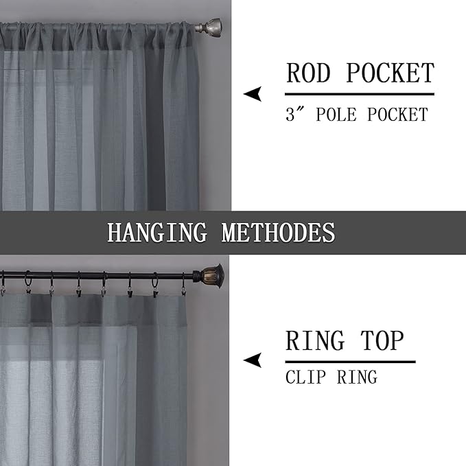 Tollpiz Short Sheer Curtain Linen Textured Living Room Curtains Sheer Light Filtering Rod Pocket Voile Curtain for Bedroom, 42 x 54 inches Long, Dark Grey, Set of 2 Panels