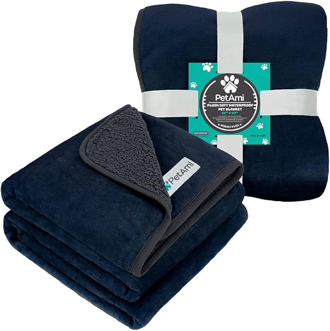 PetAmi Waterproof Dog Blanket Sherpa Fleece, Pet for Medium Large Dogs, Reversible Cat Throw Bed Couch Sofa Furniture Protector, Soft Plush Microfiber (X-Large 60x80, Blue/Gray), Navy/Gray