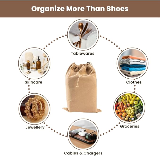 LFH Cotton Rich Shoe Storage Bags with Drawstring, Dustproof Breathable Reusable Organizer, Perfect For Travel, Dorm, Hotel, College, Gym, Easy to Carry, Machine Washable 8"x17" (Pack of 2) - Beige