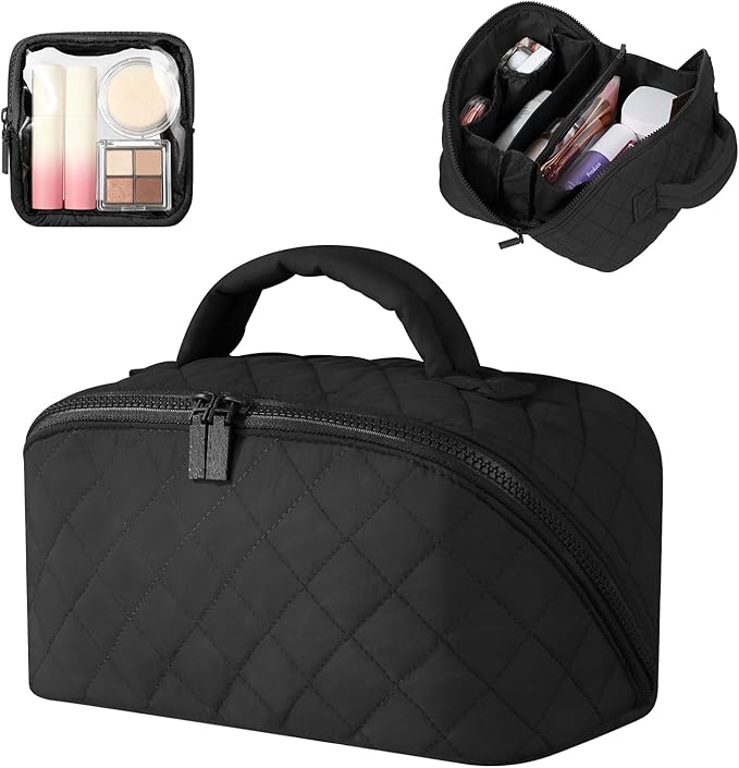 Makeup Bag for Women, Wide Open Lay-Flat Water-Resistant Cosmetic Case, Festivalment Makeup Bag, Spacious 180° Open Cosmetic Organizer for Toiletries & Brushes Large Capacity with Compartments (Black)