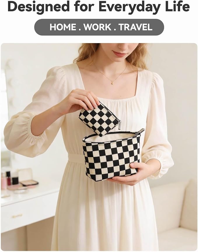 fahombag 2 Pcs Checkered Makeup Bag Set Corduroy Cosmetic Pouch for Women Large & Small Cute Preppy Aesthetic Black And White Travel Toiletry Pouch Organizer for Purse Skincare Brushes