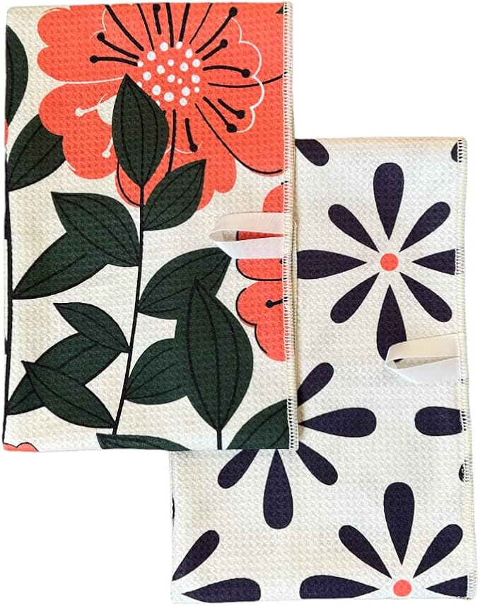 Desert Aqua 2 Pack Double Sided Kitchen Towels || Dish Towels || Quick Dry || Designer Prints || Highly Absorbent || Hanging Hook (Poppy)