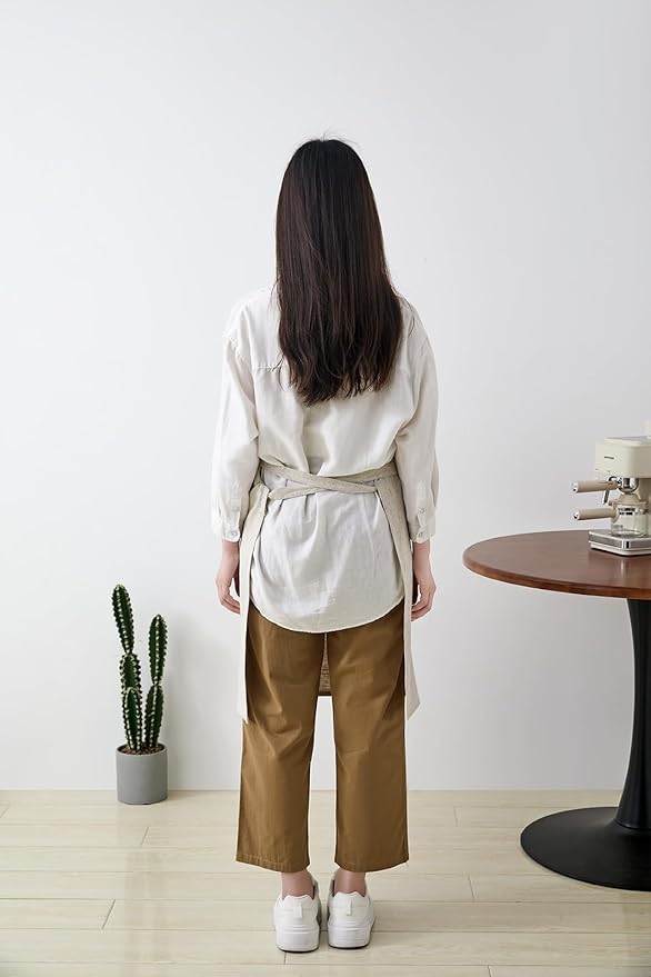 Cotton Linen Apron for Women - Adjustable Casual Apron with Pocktes, Great for Florist, Coffee House and Kitchen