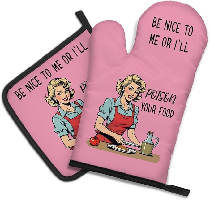 DYJYBMY Be Nice to Me Or I'll Poison Your Food Funny Oven Mitts and Pot Holder Set, Vintage Pink Kitchen Gadgets for Women, Baking Gifts for Mom Sister BFF Chef Friend Hostess Housewarming Gifts