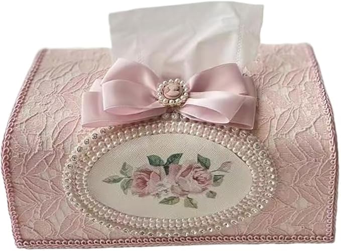 Tissue Cover Holder Fabric Art Cute Tissue Box Cover Dispenser Napkin Organizer for Bathroom Bedroom Office and Car (D-Pink)