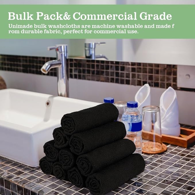 UNIMADE Washcloths - 20 Pack - Face Towels (12" x 12"), Highly Soft Wash Cloths and Hand Towels, Fast Drying Multi-Purpose Microfiber Cleansing Cloths for Bathroom, Hotel, Spa, and Salon - Black