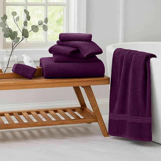 RIVERSIDE Pack of 8 Towels Set, 2 Large Bath, 2 Hand, 4 Face Washcloths, 100% Cotton Hotel Quality, Super Soft, Quick Dry, Highly Absorbent Perfect for Bathroom, Purple Passion