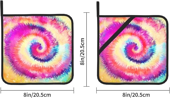 2pcs Rainbow Tie-Dye Pot Holder with Loop, Set of 2 Heat Resistant Oven Pads, Professional Baking Food Hot Pat for Kitchen Cooking Barbecue (Colorful)