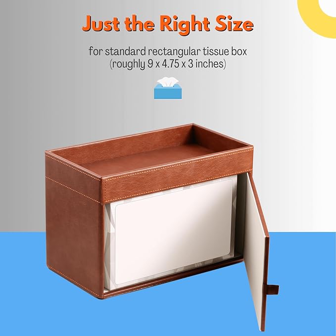 LAMOTI Rectangular Tissue Box Cover with Storage Tray, Leather Facial Tissue Box Holder for Bathroom, Office Table, Countertop, Night Stand & More (Brown)