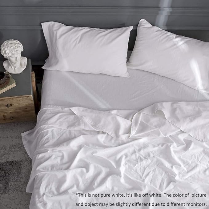Simple&Opulence Belgian Linen Sheet Set Solid Color - 4 Pieces (1 Flat Sheet, 1 Fitted Sheet & 2 Pillowcases) Natural Flax Cotton Blend Soft Breathable Farmhouse Bedding - Queen Size, White