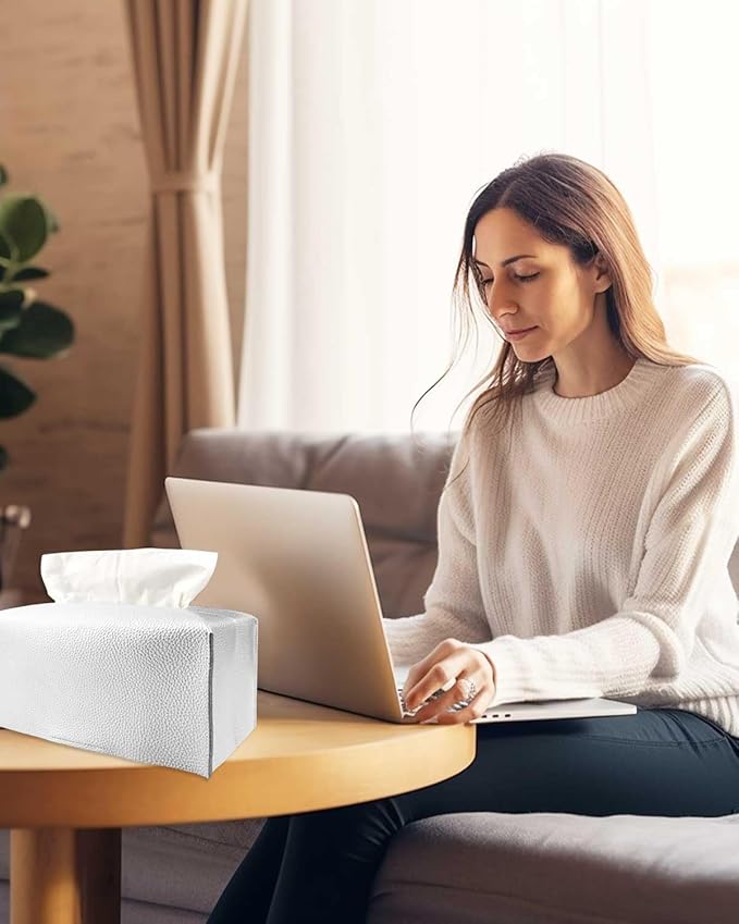 Silver Tissue Box Cover Rectangular - Plus Size Large Tissue Box Cover Rectangle [JESMINI] Faux Leather Tissue Box Holder Long for Extra Large Rectangle Facial Tissue Box