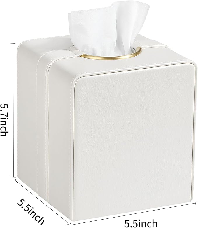 Cretkhp Luxury Square Tissue Box Cover, PU Leather Tissue Box Holder with Magnetic Closure and Gold Decorative Grommets for Bathroom Bedroom, Decorative Elegant Cube Tissue Holder (Cream)
