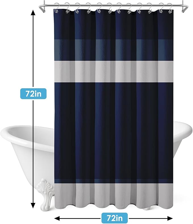 Nesphy Shower Curtain and Liner, Navy Blue Striped 3 in 1 Shower Curtain and PEVA Liner Set with 12 Rust-Resistant Metal Hooks, Waterproof Fabric Shower Curtains for Bathroom, 72 W x 72 H