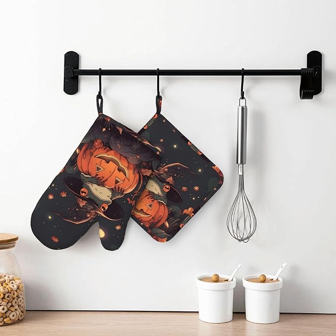 Frog Pumpkin Fairy Tale Oven Mitts and Pot Holders Sets, Home Silicone Heat Resistant BBQ Gloves for Kitchen Baking Cooking Grilling Microwave