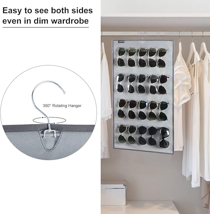 ANZORG Dual Sided Hanging Sunglasses Organizer Wall Mounted Glasses Rack Storage Eyeglasses Holder Eyewear Display Case with 40 Slots (40 Slots-Grey)
