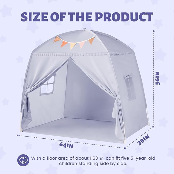 Sumbababy Large Teepee Tent for Kids: with Star Lights - Tent for Toddler Indoor Kids Teepee Tent for Boys & Girls - Toddler Play Tent Inside Canopy Bed for Playroom Gift Toys (Gray)