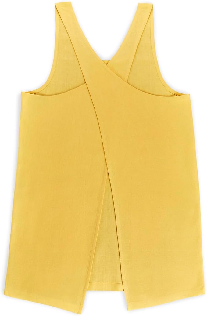 Solino Home Cross Back Linen Apron with Pockets for Gardening, Kitchen - Marigold Yellow Pinafore Smock Apron 100% Pure Linen for Men & Women - Handcrafted from European Flax