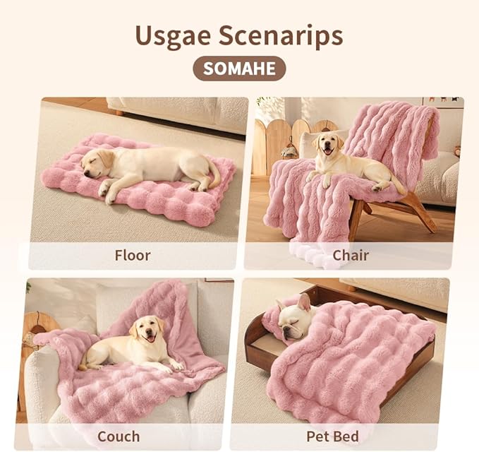 SOMAHE Dog Blanket Self-Warming Throw for Medium & Large Dogs, Dual-Side Sherpa Plush, Thick Crate Bed Cover & Car Seat Mat, Anti-Static Machine Washable No Shrink, 39x30 Inch Pink