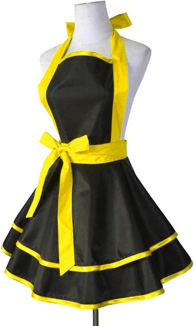 Hyzrz Lovely Handmade Cotton Retro Black Aprons for Women Girls Cake Kitchen Cook Apron for Mother's Gift (Yellow)