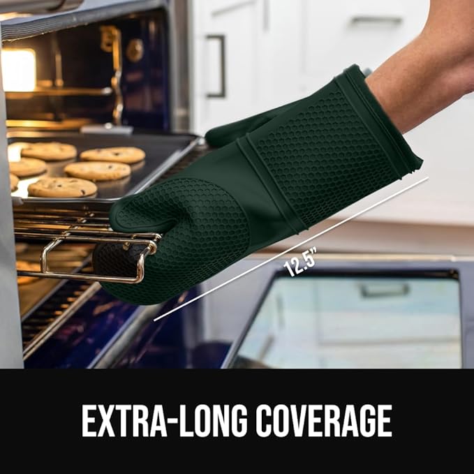 GORILLA GRIP BPA-Free Soft Silicone Oven Mitts, Heat Resistant and Waterproof Cooking Gloves, Thick Cotton Lining, Flexible Gripping for Baking Grilling, Kitchen Potholders Set, 12.5x8.3, Hunter Green