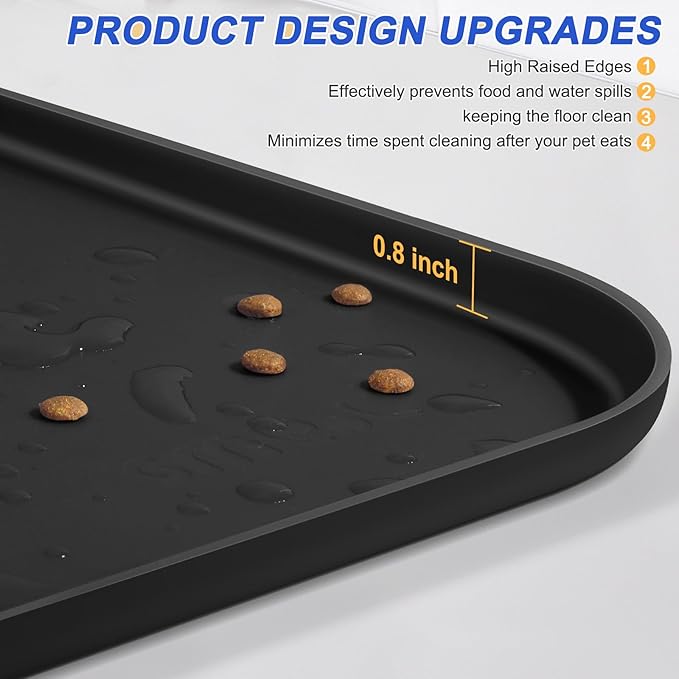 SMILOOL Silicone Pet Feeding Mat with Raised Edge for Food and Water, Dog Bowl Mats, Cat Bowls Placemat with High Lip for Floor Waterproof, Rubber Tray for Cats and Dogs 22 x 14 x0.8 Black