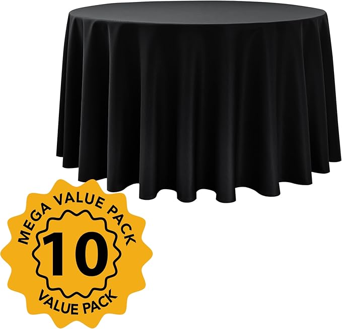 10-Pack Black Round Tablecloths, 108 Inches, Stain-Resistant Polyester for 4-5 Ft Round Tables - Washable Table Covers for Weddings, Banquets, Birthday Parties, Events