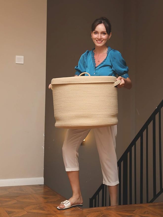 20" x 20" x 15" Extra Large Storage Basket with Lid, Cotton Rope Storage Baskets, Laundry Hamper, Cloth Bin, for Clothes Towels Blankets Pillows Storage in Living Room, All Beige