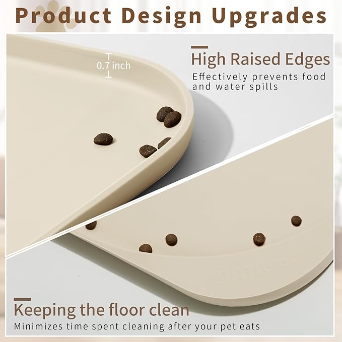 Smilool Silicone Pet Food Mat with Raised Edge for Food and Water Bowl, Dog Feeding Mats, Cat Food Trays for Floor Waterproof, Rubber Tray for Dogs and Cats, 17 x 12 x 0.7 Sand White (Yellow Cast)